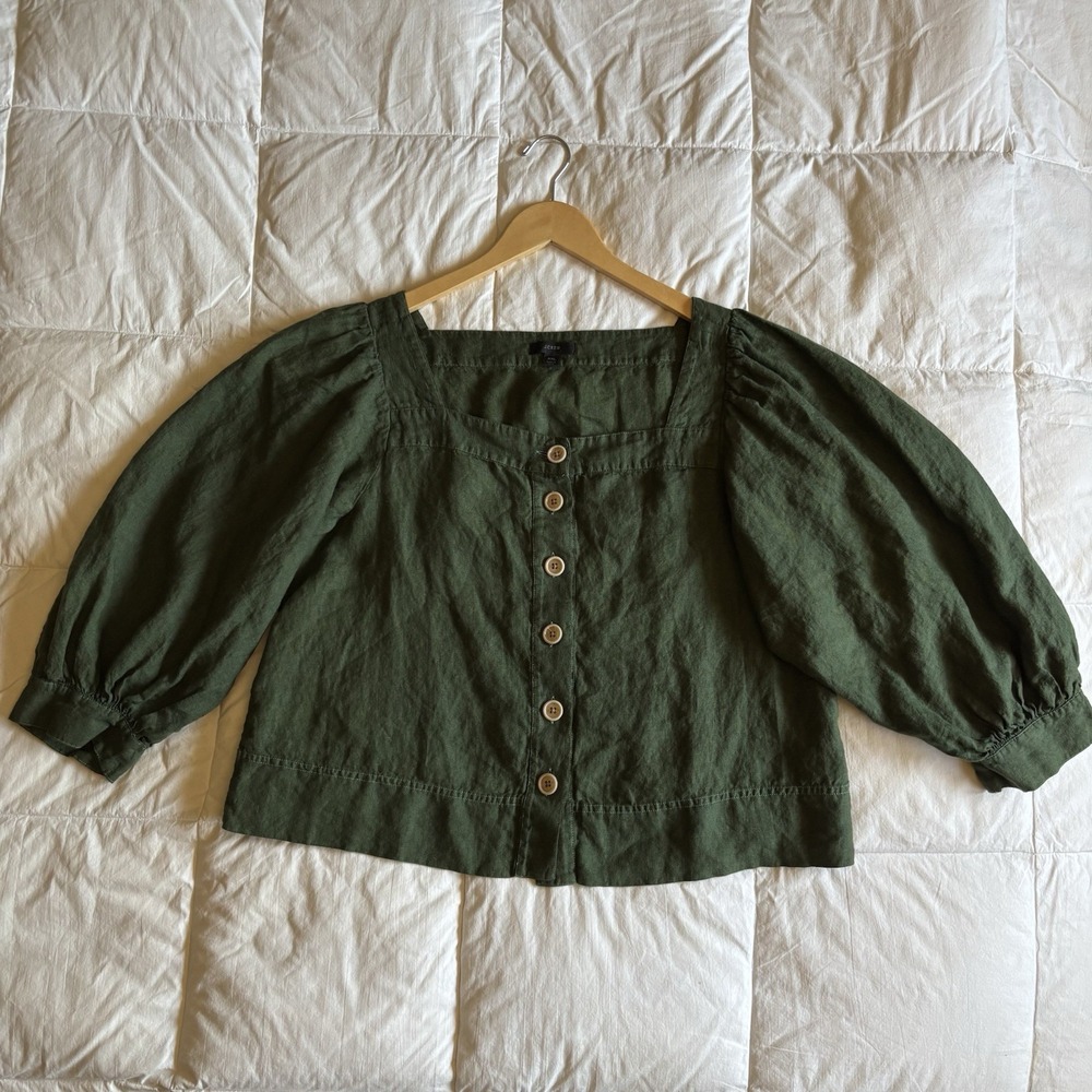 J Crew Square Neck Button Front Balloon Sleeve Linen Top Womens XXL Dark Green - Picture 2 of 14